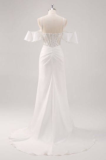 White Mermaid Cold Shoulder Corset Long Formal Dress with Slit